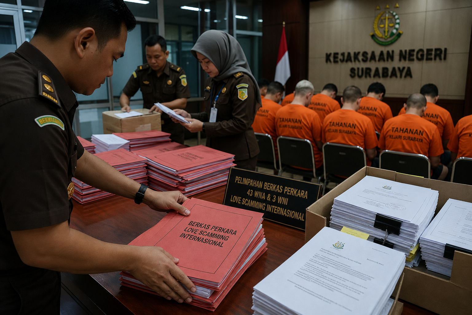 Foto jurnalistik untuk berita 43 WNA Tersangka Sindikat Love Scamming Internasional di Surabaya Segera Diadili