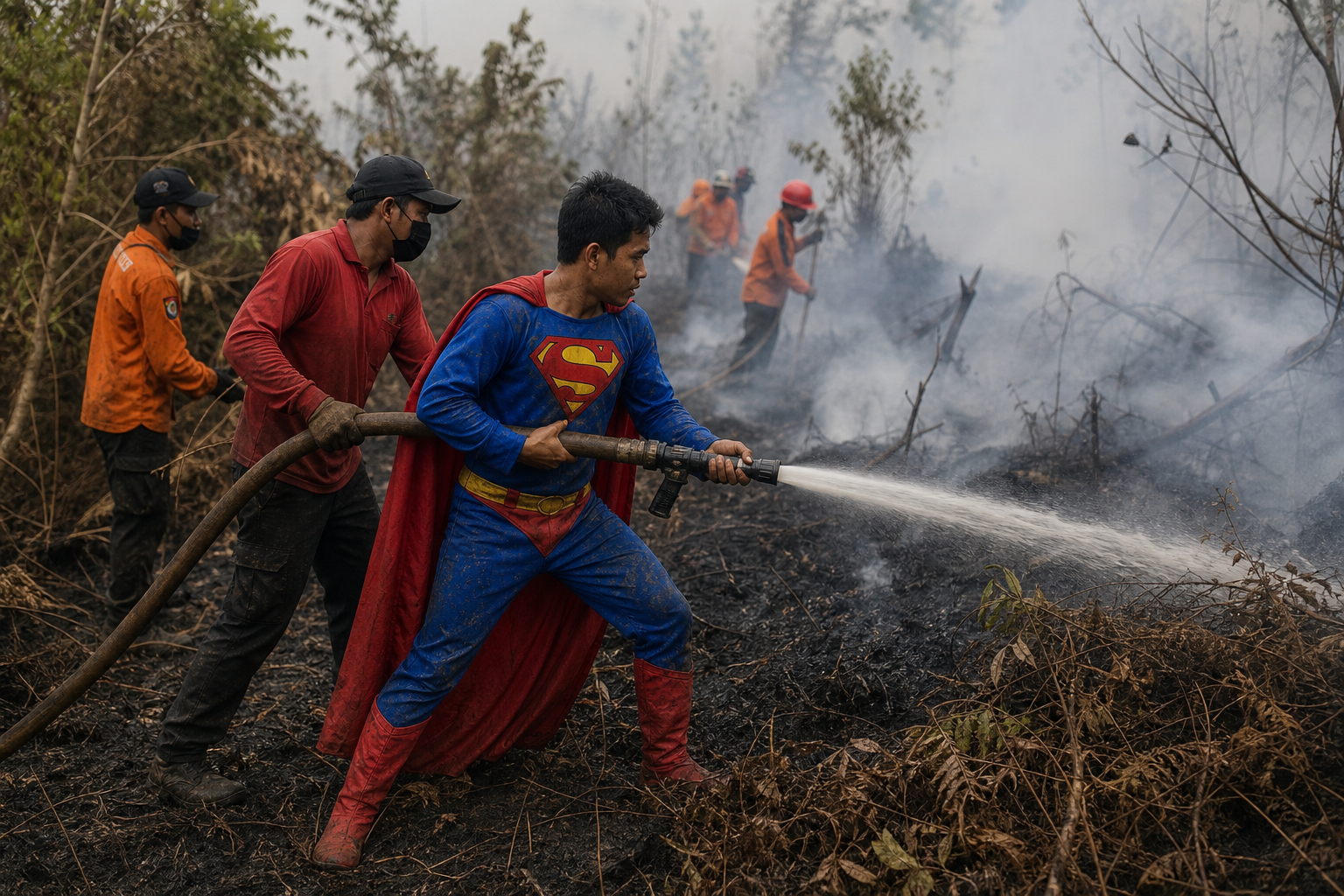 Foto jurnalistik untuk berita Pemuda Berkostum Superman Bantu Padamkan Karhutla di Palangka Raya