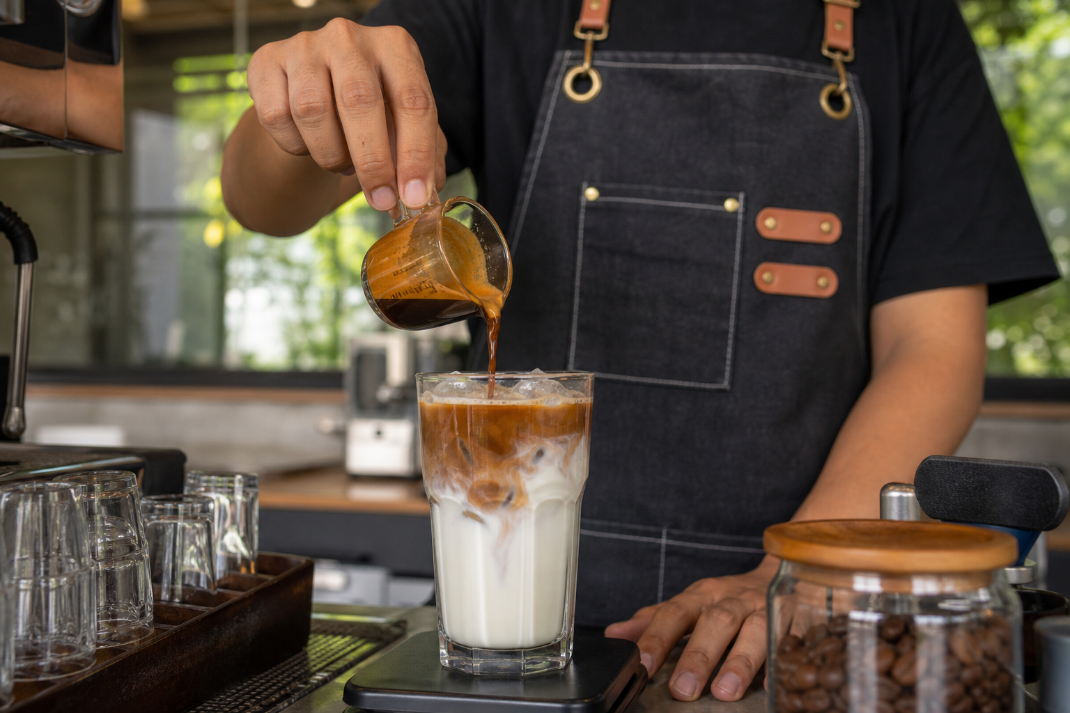 Foto jurnalistik untuk berita Dirty Latte, Tren Kopi Susu Dingin dengan Espresso di Atasnya