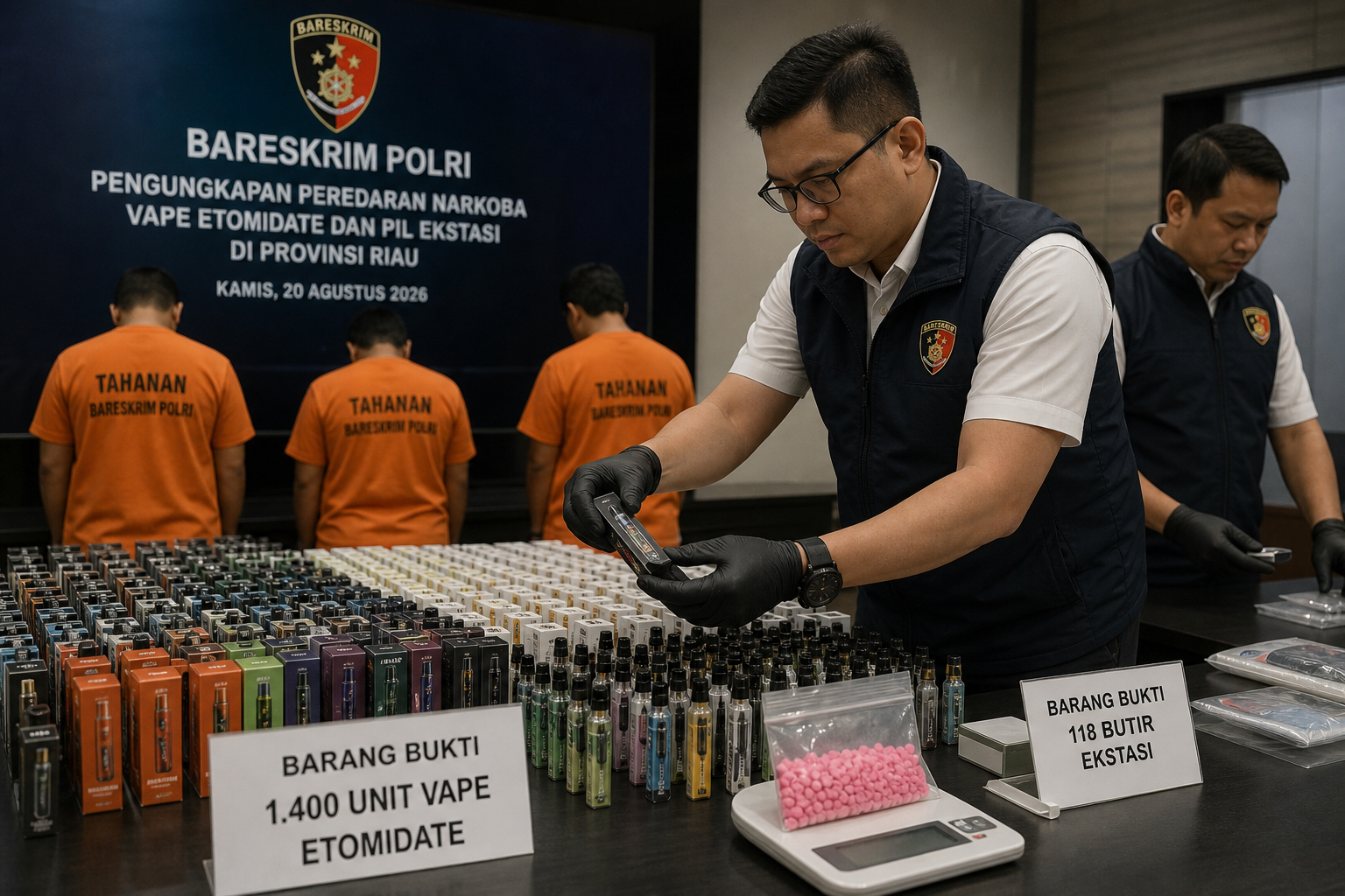 Foto jurnalistik untuk berita Bareskrim Polri Bongkar Peredaran Vape Etomidate di Riau, Sita 1.400 Unit dan 118 Butir Ekstasi