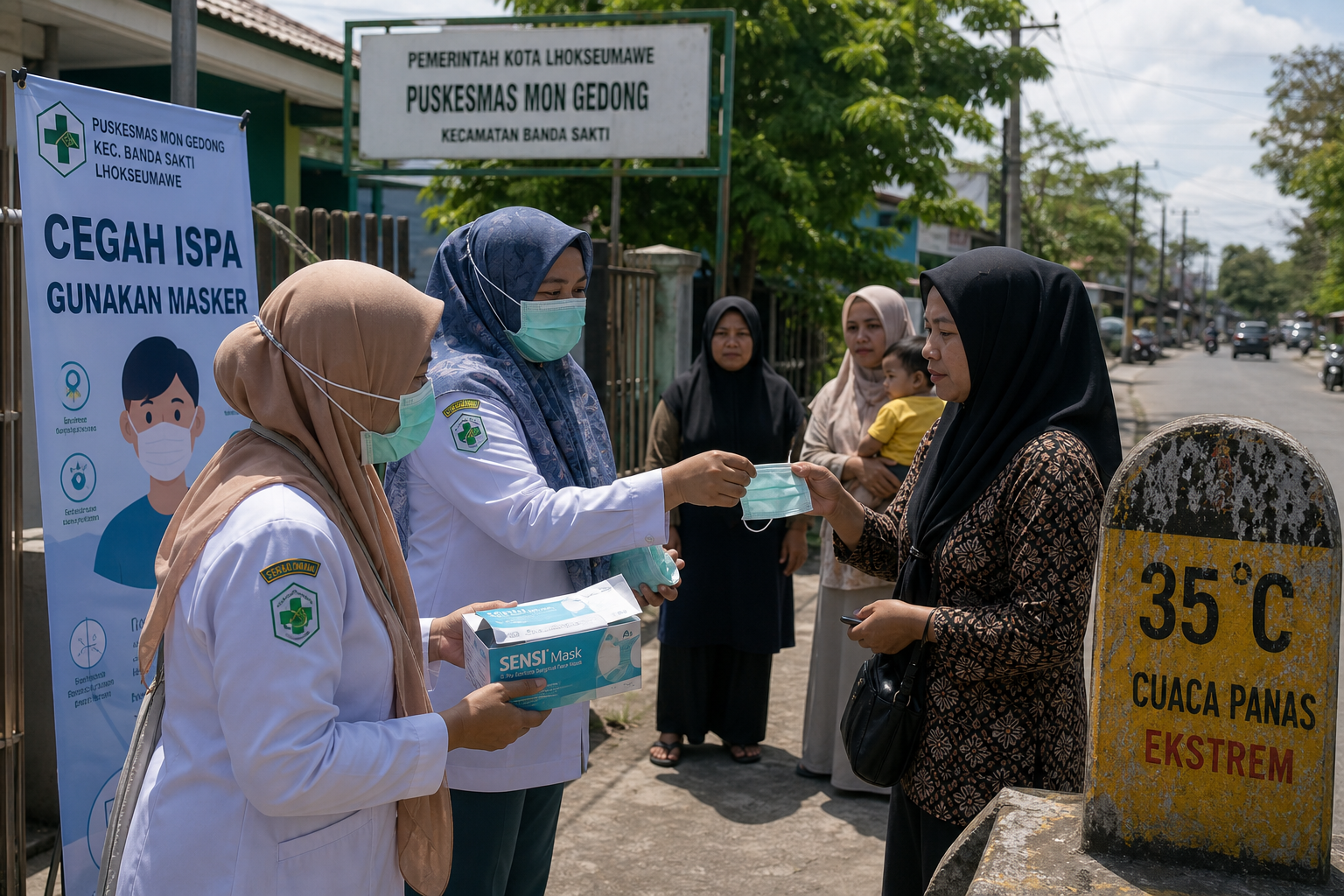 Foto jurnalistik untuk berita Cuaca Panas 35 Derajat Celsius, Tenaga Kesehatan Lhokseumawe Bagikan Masker Cegah ISPA
