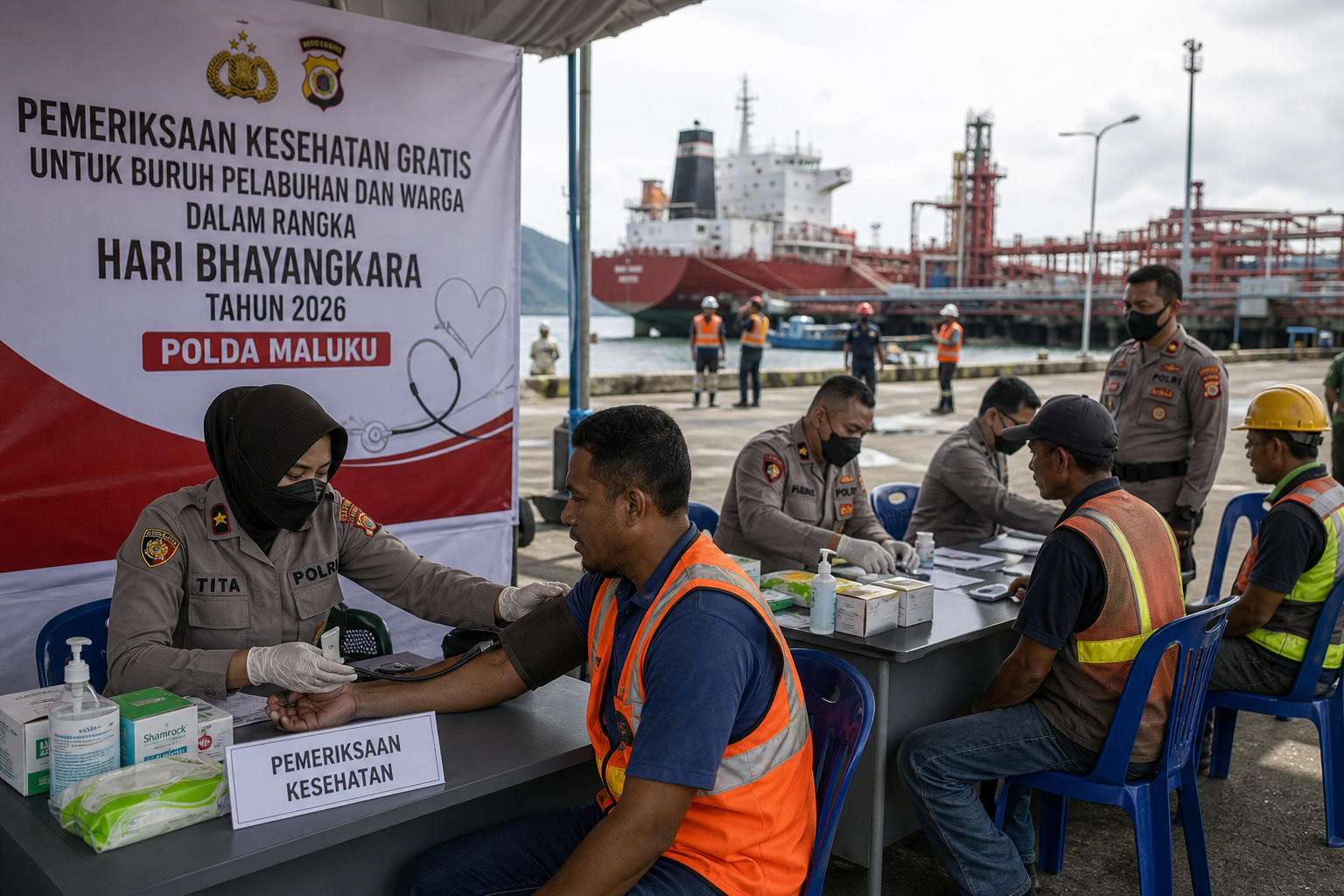 Foto jurnalistik untuk berita Polda Maluku Gelar Pemeriksaan Kesehatan Gratis untuk Buruh Pelabuhan di Hari Bhayangkara