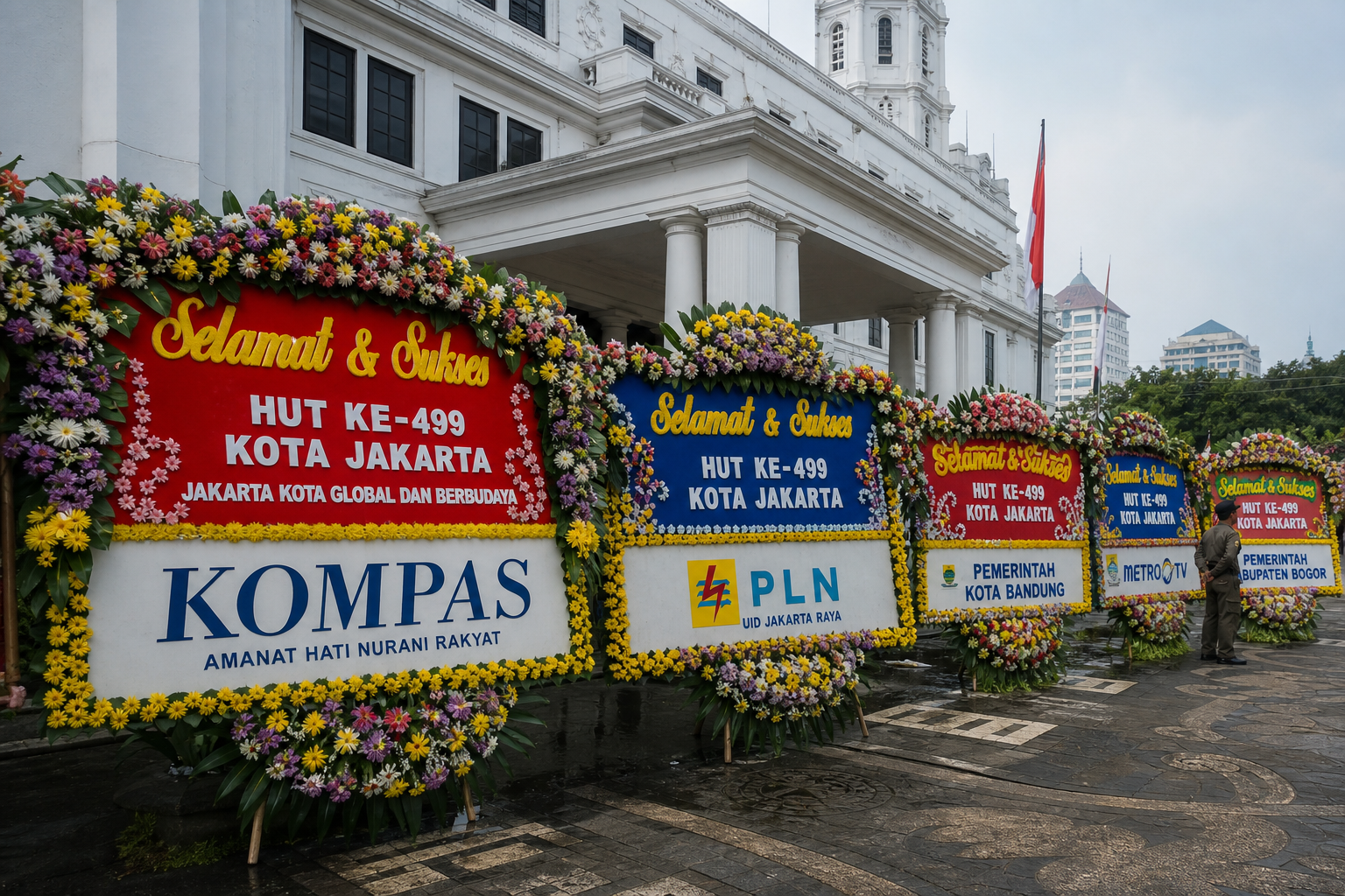 Foto jurnalistik untuk berita Balai Kota DKI Jakarta Dibanjiri Karangan Bunga Jelang HUT ke-499
