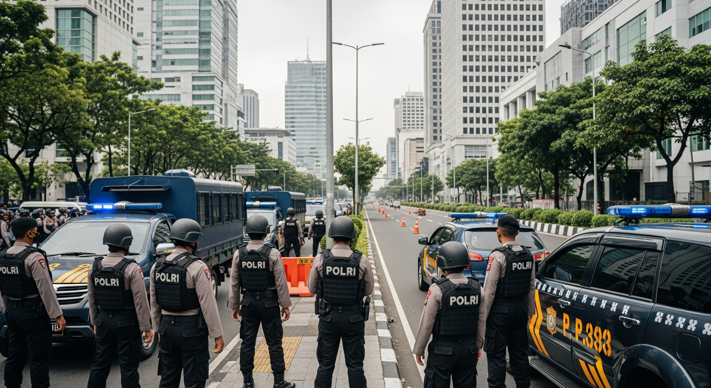 Foto jurnalistik untuk berita 352 Personel Gabungan Disiagakan untuk Amankan Unjuk Rasa di Jakarta Pusat