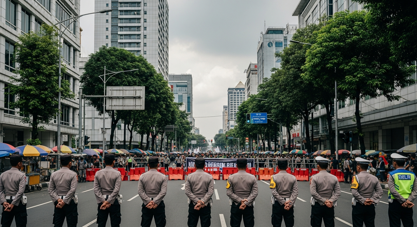 Foto jurnalistik untuk berita 418 Personel Gabungan Disiagakan Amankan Unjuk Rasa di Jakarta Pusat