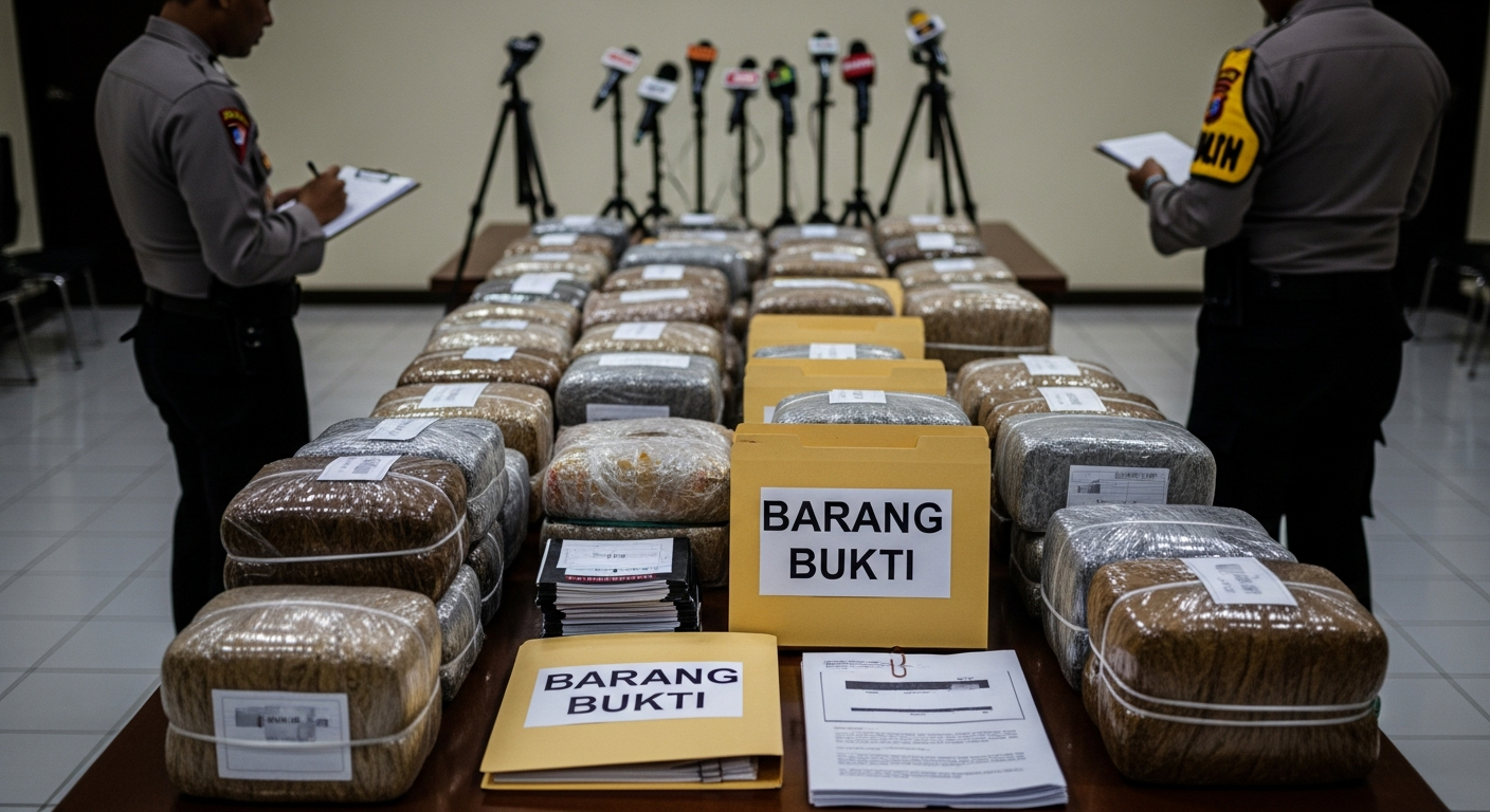 Foto jurnalistik untuk berita Polda Banten Gerebek Gudang Rokok Ilegal di Serang, 80 Bal Disita