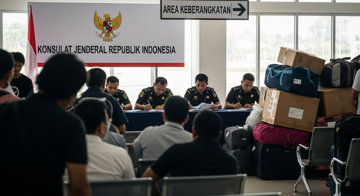 Foto jurnalistik untuk berita KJRI Johor Bahru Fasilitasi Pemulangan 90 WNI Jelang HUT RI ke-81