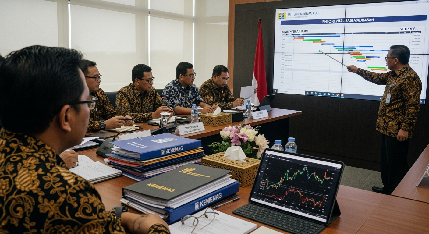 Foto jurnalistik untuk berita Kemenag Percepat Pelaksanaan PHTC Revitalisasi Madrasah Bersama Kementerian PUPR dan Setpres