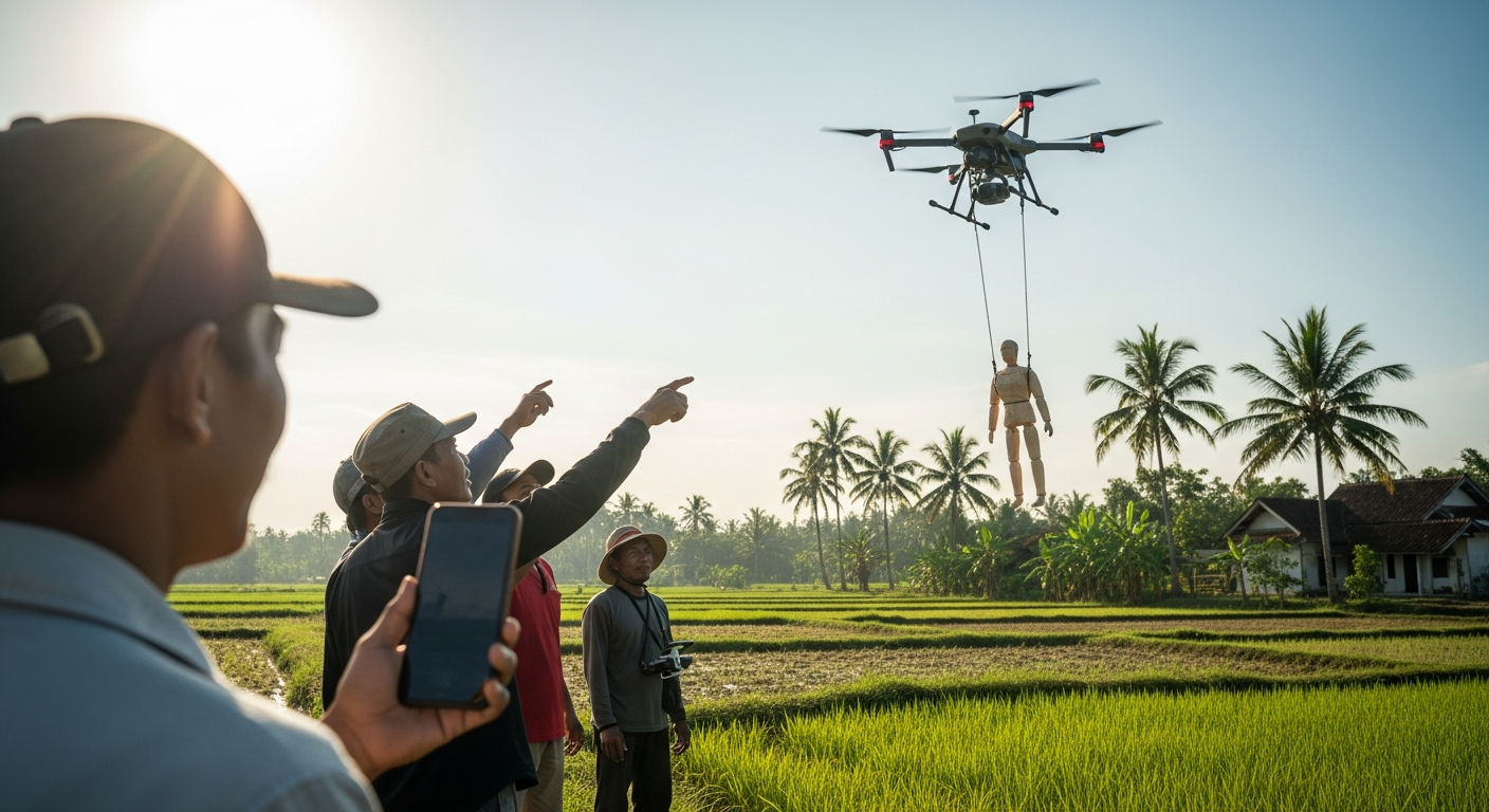 Foto jurnalistik untuk berita Video Viral Petani Terbang Diangkut Drone di Tuban Ternyata Konten Iseng