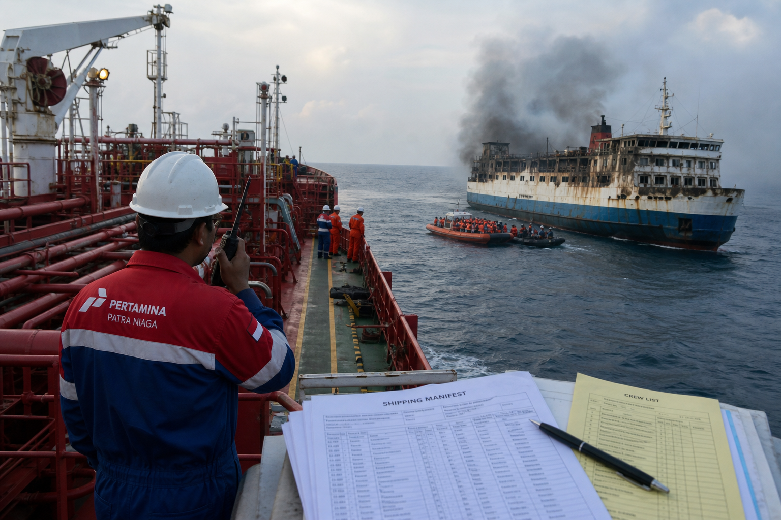 Foto jurnalistik untuk berita Kapal Pertamina Evakuasi 17 Korban Kebakaran KMP Mutiara Sentosa 2