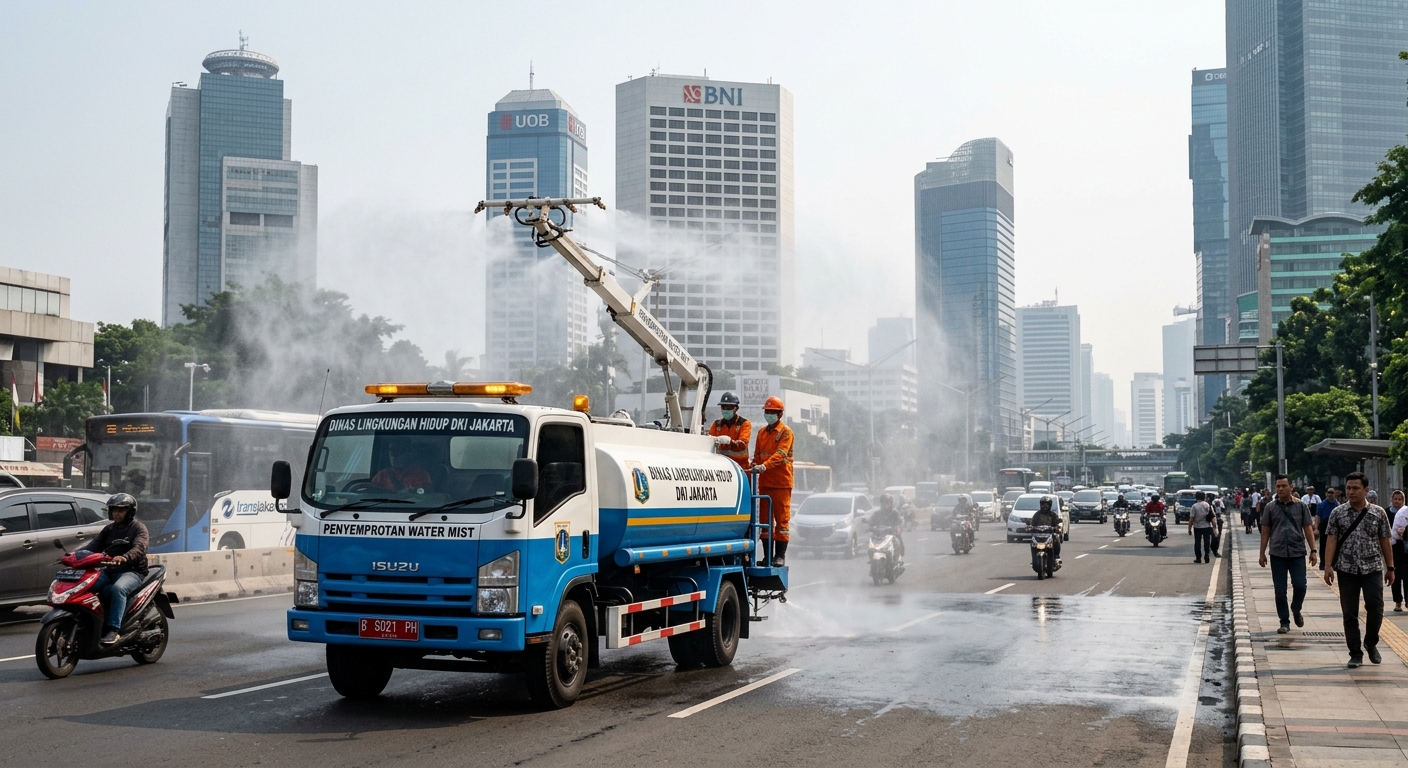 Foto editorial untuk berita Pemkot Jakarta Timur Gencarkan Penyemprotan Water Mist Atasi Abu Vulkanik GAK