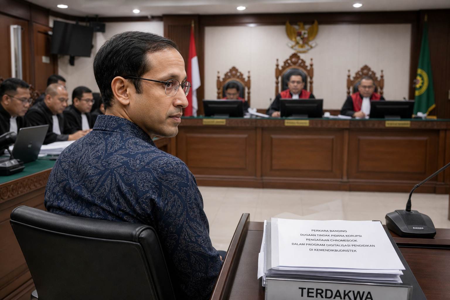 Foto jurnalistik untuk berita Nadiem Makarim Jalani Sidang Banding Kasus Korupsi Chromebook di Pengadilan Tinggi DKI