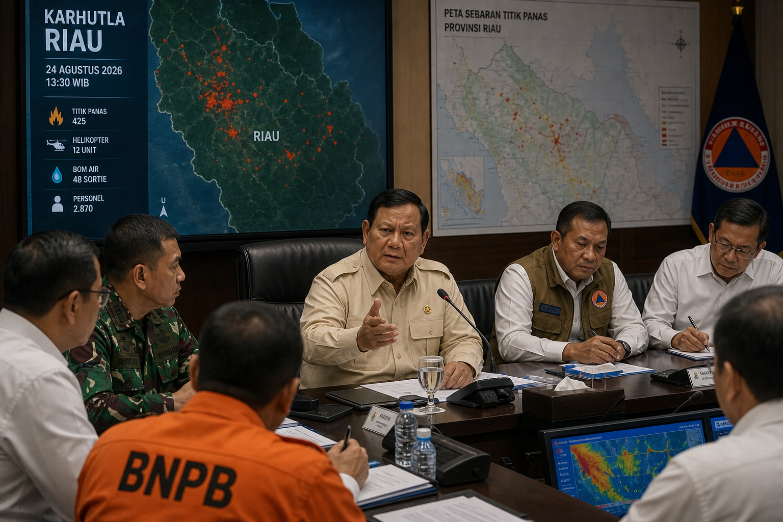 Foto jurnalistik untuk berita Prabowo Tiba di Riau, Langsung Pimpin Rapat Penanganan Kebakaran Hutan dan Lahan