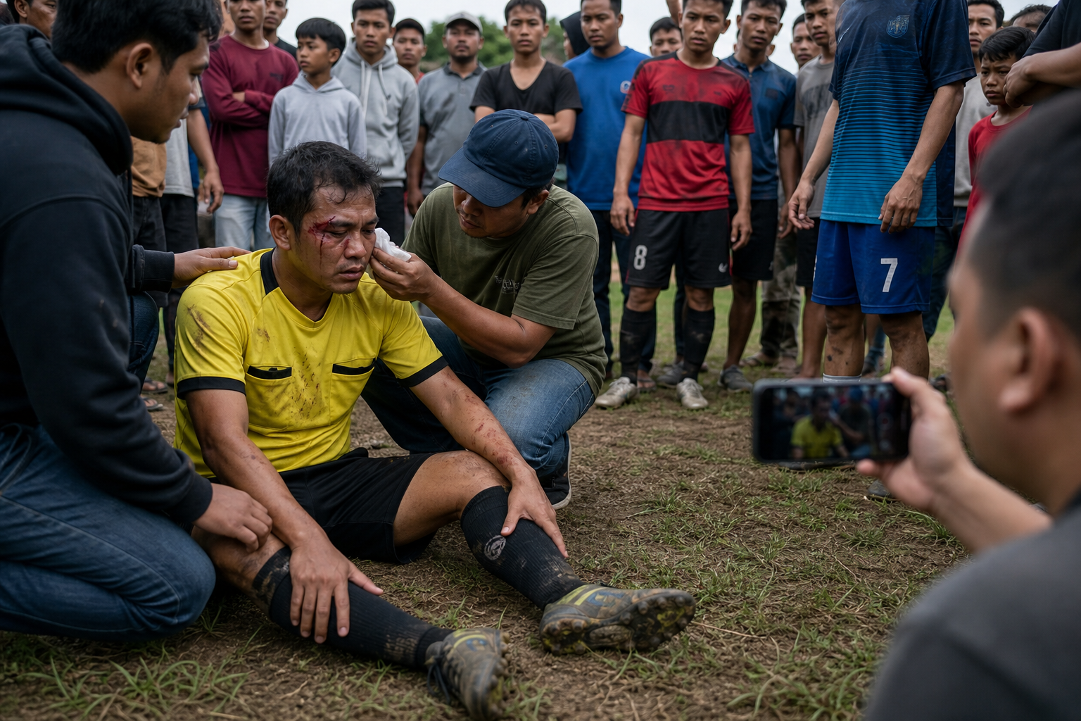 Foto jurnalistik untuk berita Wasit Turnamen Sepak Bola Tarkam Dikeroyok di Sukajaya Bogor